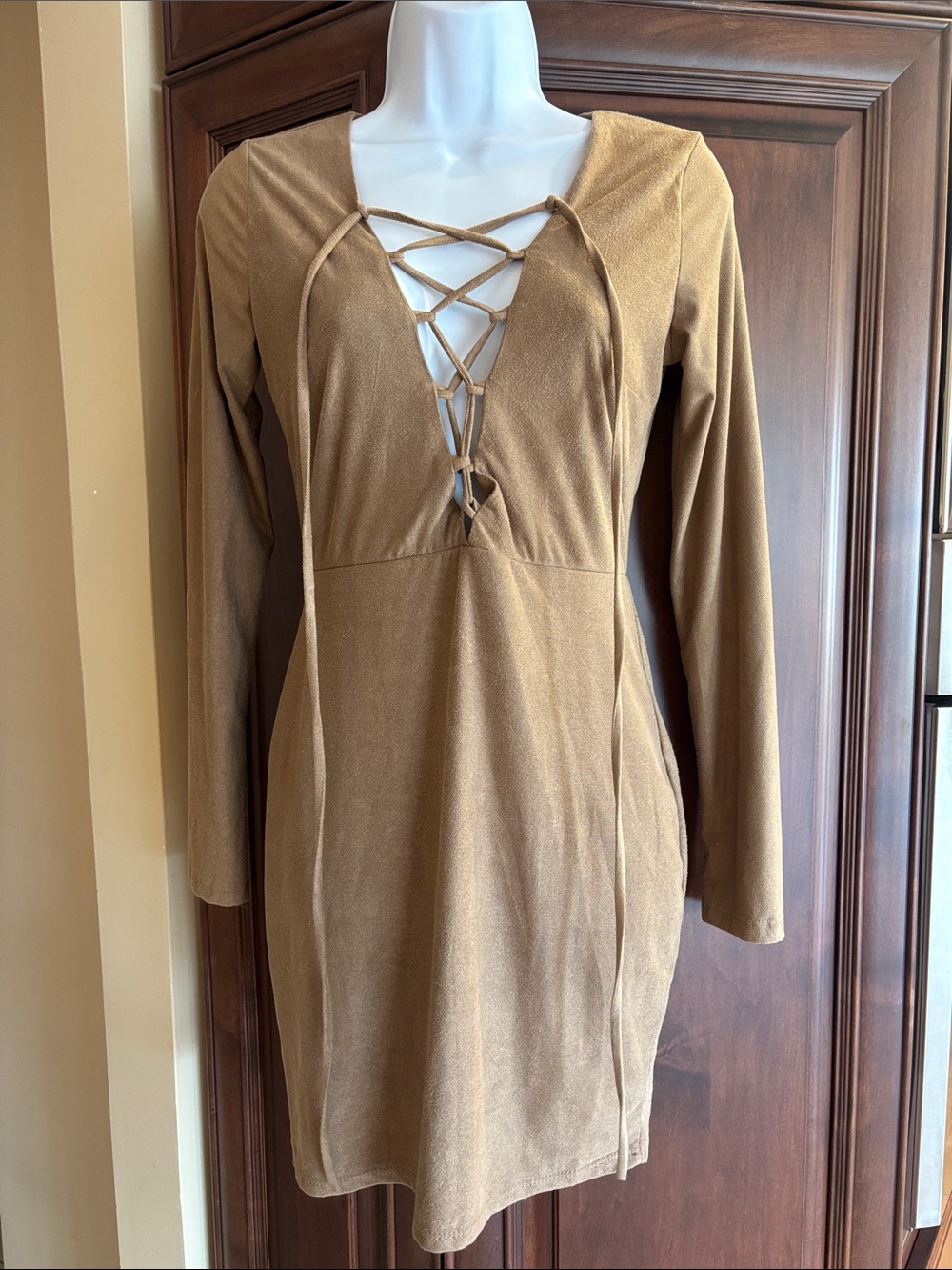 Suede-Look Lace-Up V-Neck Long Sleeve Dress - Tan